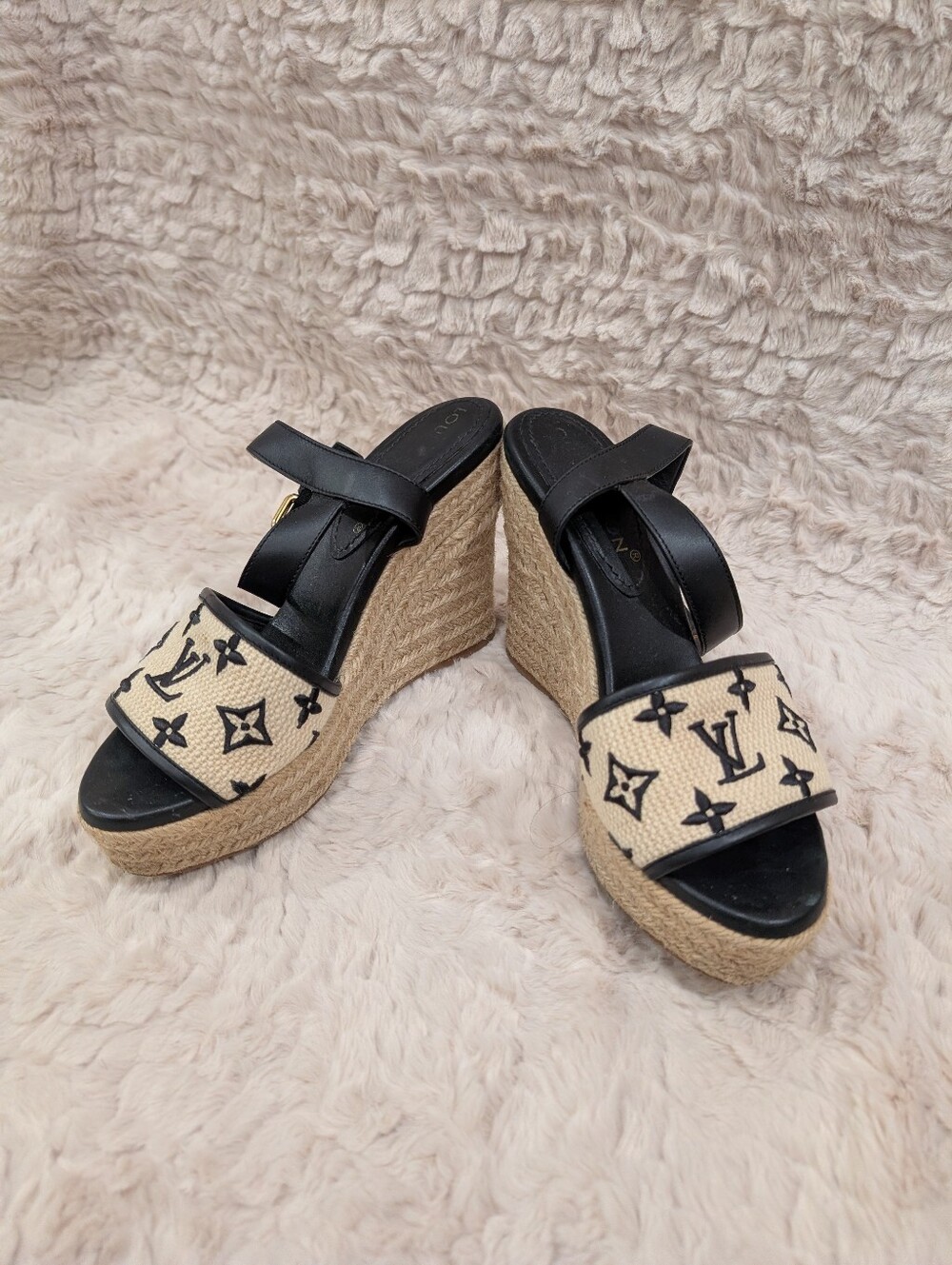 Louis Vuitton Black and Natural Monogram Espadrille Wedge Sandals